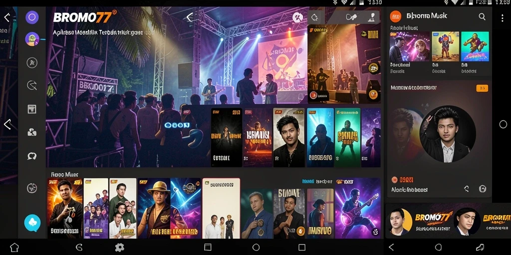 Screenshot utama BROMO77 menampilkan pengguna sedang menikmati musik.