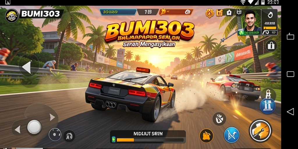 Screenshot BUMI303 menampilkan mobil balap di lintasan yang penuh tantangan.
