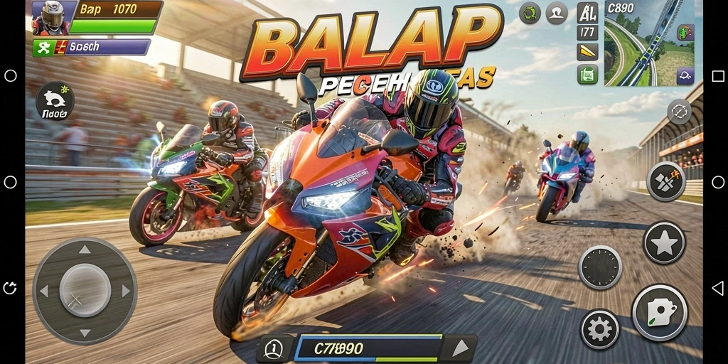 Tampilan menarik dari gameplay balap motor C7890 yang mendebarkan.