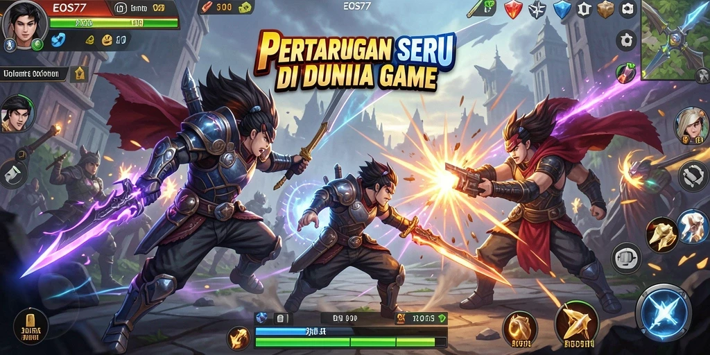 Screenshot gameplay EOS77 dengan aksi pertarungan yang mendebarkan.