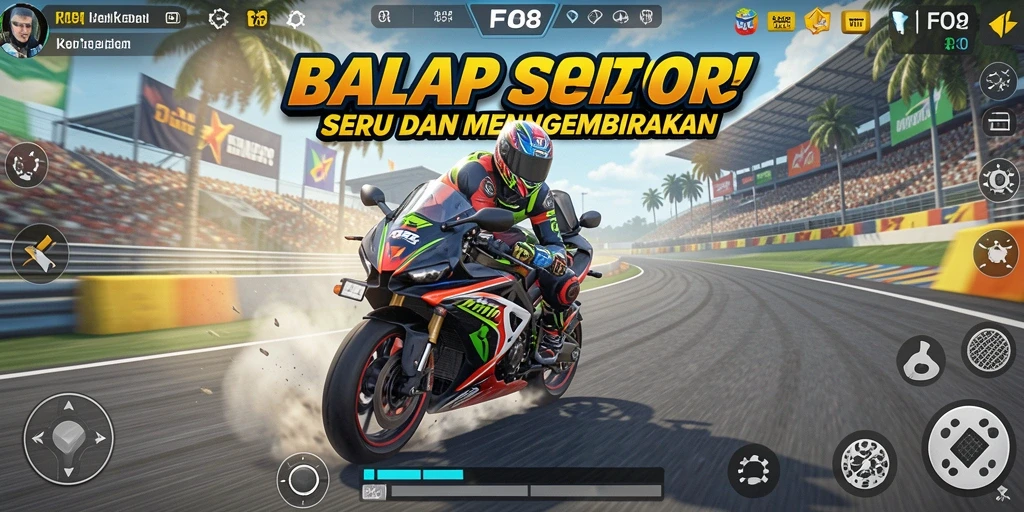 Screenshot gameplay <strong>FO8</strong> menampilkan aksi balapan motor yang mendebarkan.