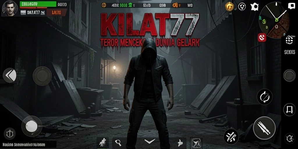 Screenshot KILAT77 menampilkan karakter melawan makhluk mengerikan di kegelapan.