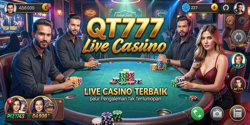 Screenshot QT777 menampilkan gameplay Live Casino yang mendebarkan dengan dealer langsung.