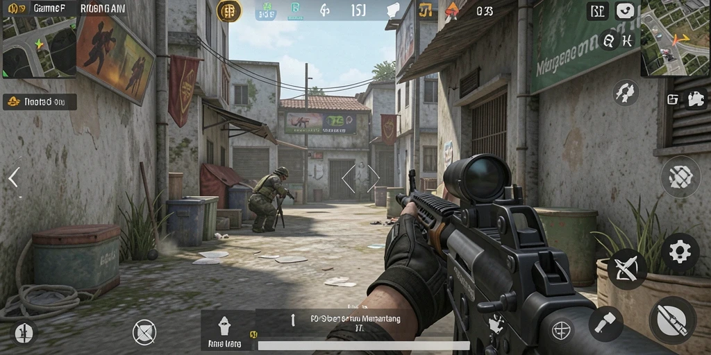 Screenshot menunjukkan karakter utama dalam aksi tembak-menembak intens di R6R6.