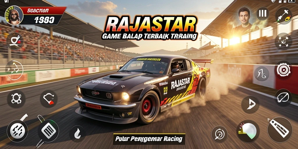 Tangkapan layar utama RAJASTAR menampilkan aksi balap mendebarkan.