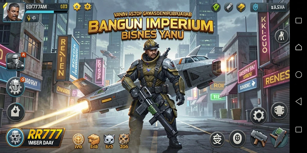 Tampilan gameplay <strong>RR777</strong> yang menampilkan strategi bisnis dan manajemen sumber daya.