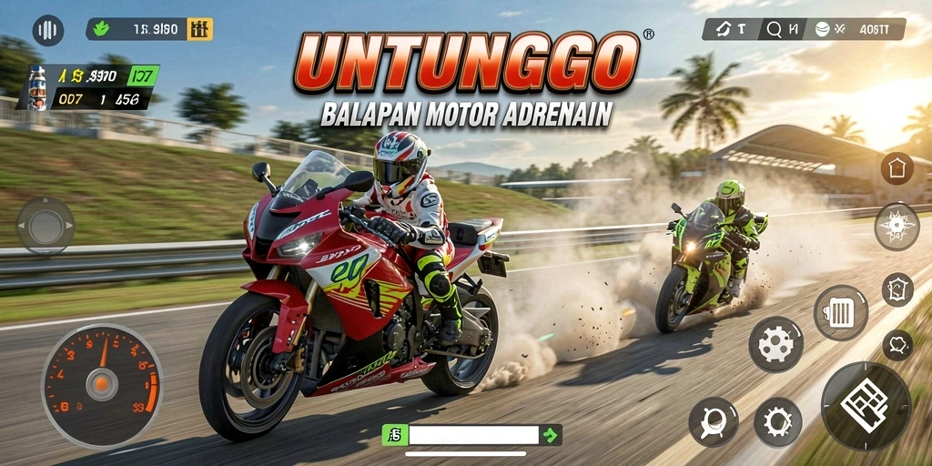 Screenshot permainan UNTUNGGO yang menampilkan aksi balapan motor yang mendebarkan.