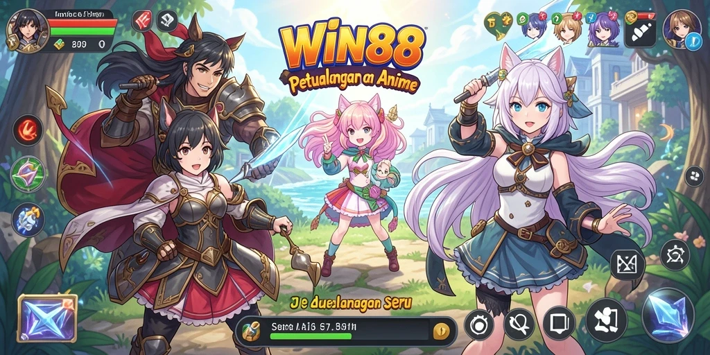 Tampilan gameplay WIN88 yang penuh warna dan karakter anime ikonik.