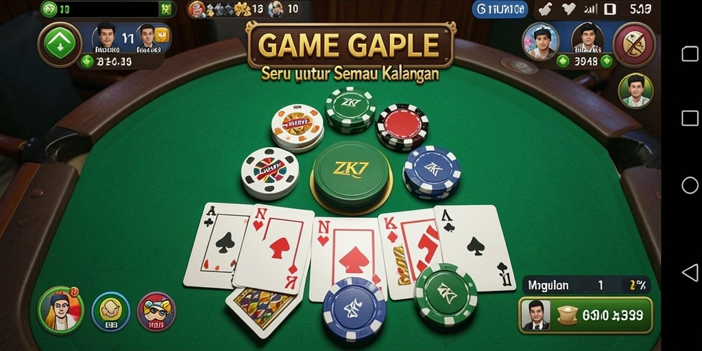 Tampilan gameplay ZK7 dengan suasana bermain Gaple yang mengasyikkan.